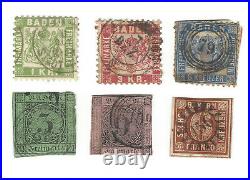 1850's-1860's BADEN LOT OF 6 DIFFERENT STAMPS VALUE IN CIRCLE, COAT OF ARMS