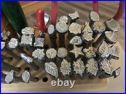 73pc Vintage Craftool Leather Stamps Lot /Set And Leather Tools with Wooden Holder