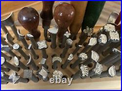73pc Vintage Craftool Leather Stamps Lot /Set And Leather Tools with Wooden Holder