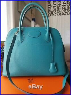 AUTHENTIC HERMES Bolide 31 Blue Turquoise With shoulder Strap PHW J Stamp MINT