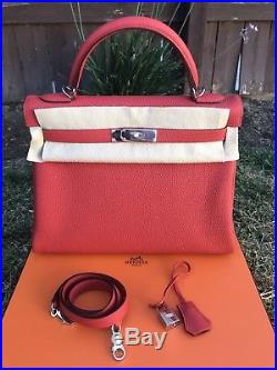 Authentic Hermes Kelly 32 Geranium D5 Clemence PHW T Stamp MINT FREE TWILLY