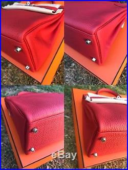 Authentic Hermes Kelly 32 Geranium D5 Clemence PHW T Stamp MINT FREE TWILLY