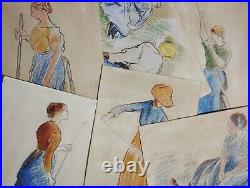 Camille Pissarro (Handmade) lot of 6 -Drawing on Old paper signed and Stamped