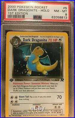 DARK DRAGONITE 1st Edition Thick Stamp Error PSA 8 MINT with SWIRL by Right Foot