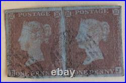 Gb 1841 Pair victoria 1d reds Used With 1844 Postmark On Blue Paper (lot 762)