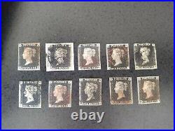 Great Britain Penny Black Victoria 1840 Used Lot Of 10 With Margins No Reserve