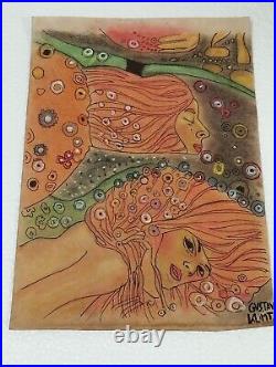 Gustav Klimt (Handmade) lot of 2 -Drawing on OLD PAPER signed and Stamped