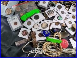 Junk Drawer LOT Knives, US Silver coins, lighters, rings, stamps, foreign curren