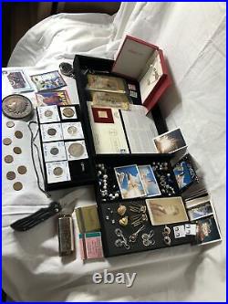 Junk Drawer Lot 1922 Silver Peace Dollar Coins Gold Jewelry Stamps Cards