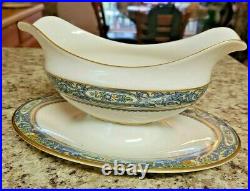 LENOX CHINA AUTUMN MINT GRAVY BOAT With ATTACHED UNDER PLATE GOLD STAMP
