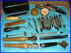 Large Lot of Leather Working Tools 29 Craftool Stamps, Cutters, Stand, Etc