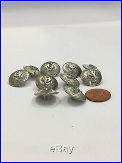 Lot 10 Stamped CHANEL 18mm buttons Starburst & 1 label jacket Black silver scarf