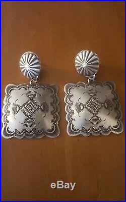 Navajo Stamped Big Concho Square Earrings By Vincent Platero Mint