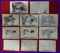 PABLO PICASSO (Handmade) lot of 11 -Drawing on OLD PAPER signed and Stamped