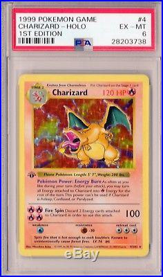 PSA 6 CHARIZARD 1999 Pokemon 1ST EDITION THICK STAMP SHADOWLESS #4 Holo EX-MINT