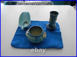Vintage (3) Piece Roseville Glass Collection, blue/yellow signed stamped N/MINT
