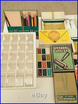 Vintage Art Supply Lot Windsor Newton Grumbacher Oil Paint Brushes Stamps Chalk