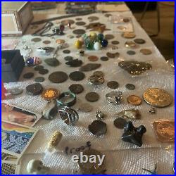 Vintage Junk Drawer Lot Military Sterling Silver Stamps Coins Money Sports Cards