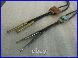 Vintage Lot(2) Lo & Sky West Stamped Navajo Sterling & Brass Leather Bolo Tie