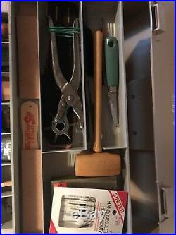 Vintage Tandy Box And Numerous Leather Working Tools WithBoy Scouts Stamps  X